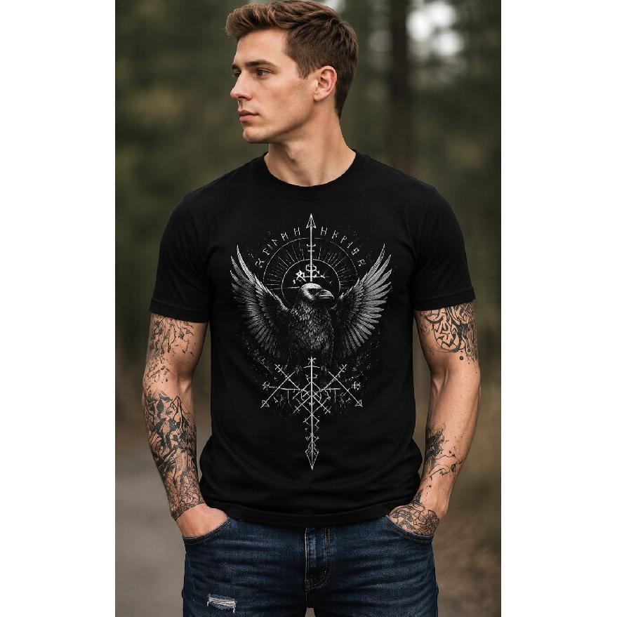 men's black short sleeve crew neck t-shirt with nordic raven and rune graphic, soft cotton feel, relaxed fit for casual daily wear or outdoor