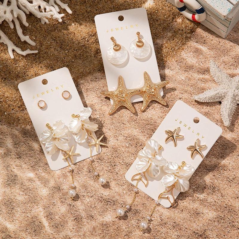 3pcs Gold-plated Pendant Earrings for Women Fashion Starfish Shell Imitation Pearl Earrings Seaside Vacation Stud Jewelry Gift