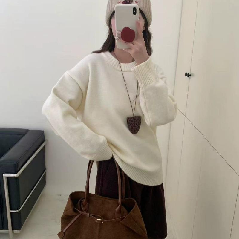 Autumn and winter new solid color simple and versatile crew neck pullover sweater women's large size loose inner knitted sweater