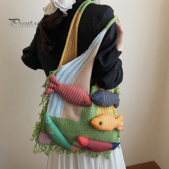 Fish Decoration Knitted Bag 3D Tote, Patchwork Shoulder with Tassels, Colorful Boho Women Purse for Daily Commuting Travel Shopping Practical Sundries