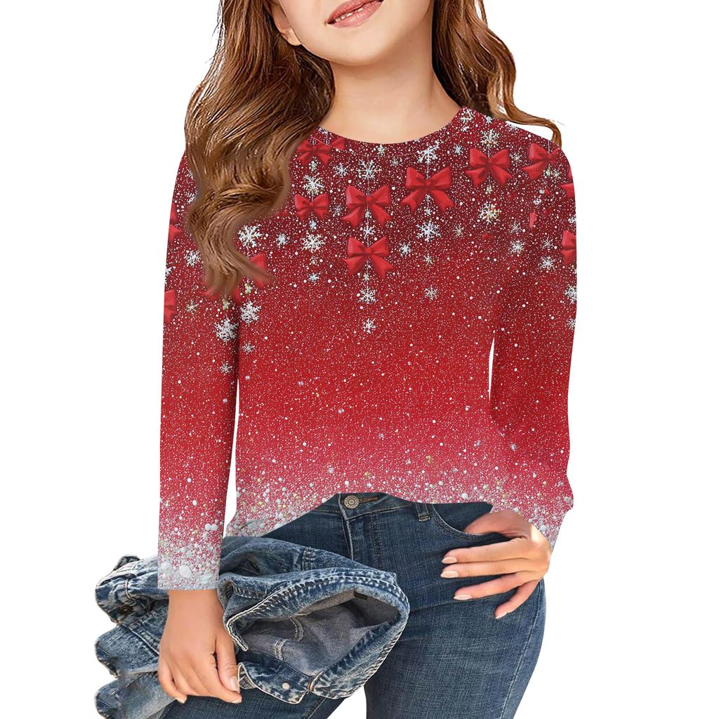 Christmas Day Girls Long Sleeve T Shirts Kids Fall Tops Crewneck Printed Basic Tees