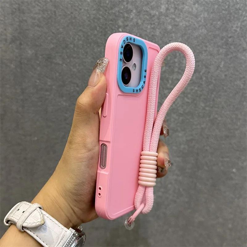 

Fashion Lens Collision Color Wrist Strap Cases for iPhone 17 16 15 14 13 12 11 Pro Max Plus 17 Air Matte Silicone Lanyard Cover iPhone 11