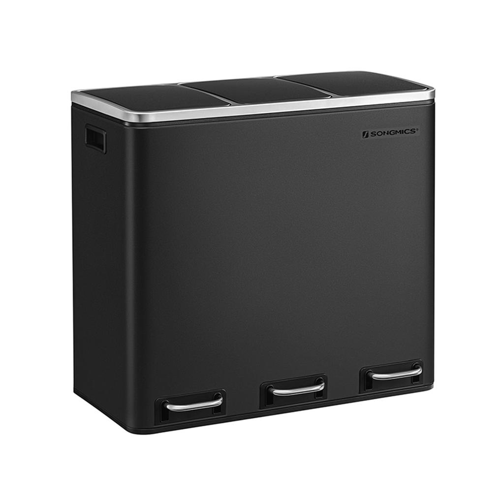 SONGMICS Recycling Bin, 3 x 18 L Triple Kitchen Bin, 3 Compartment Pedal Bin with Soft-Close Lids, Plastic Inner Buckets, and Handles, Black