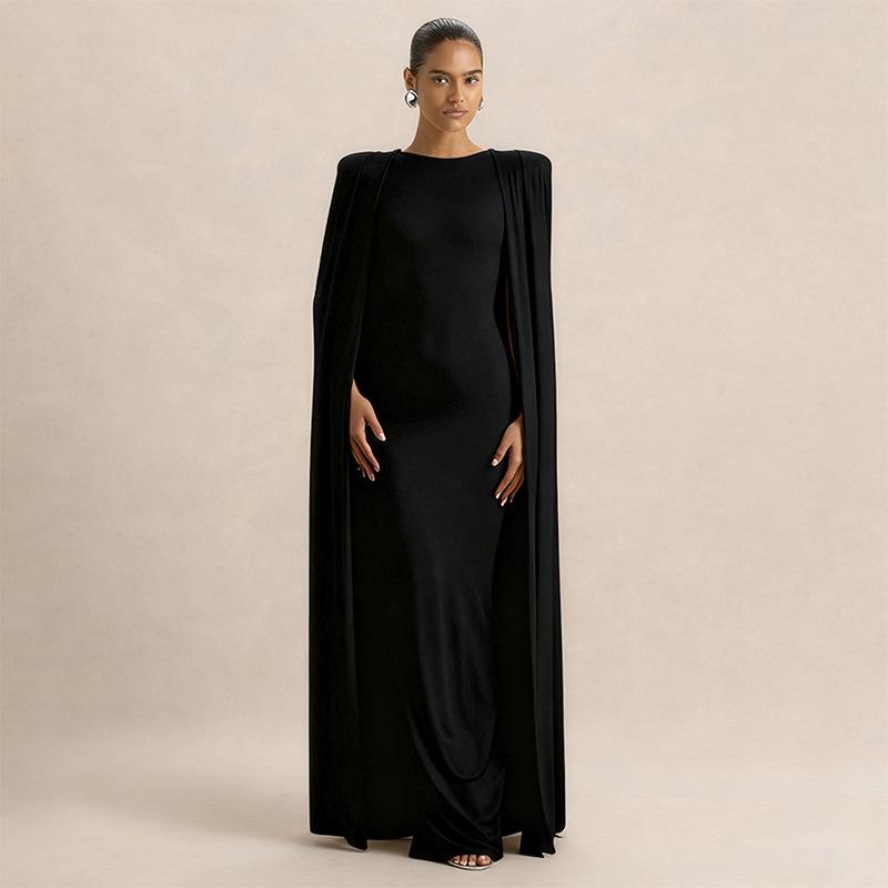 Elegant European Style Autumn/Winter Women's Evening Gown - Solid Color, Pleated, Round Neck, Waist-Cinched Skirt