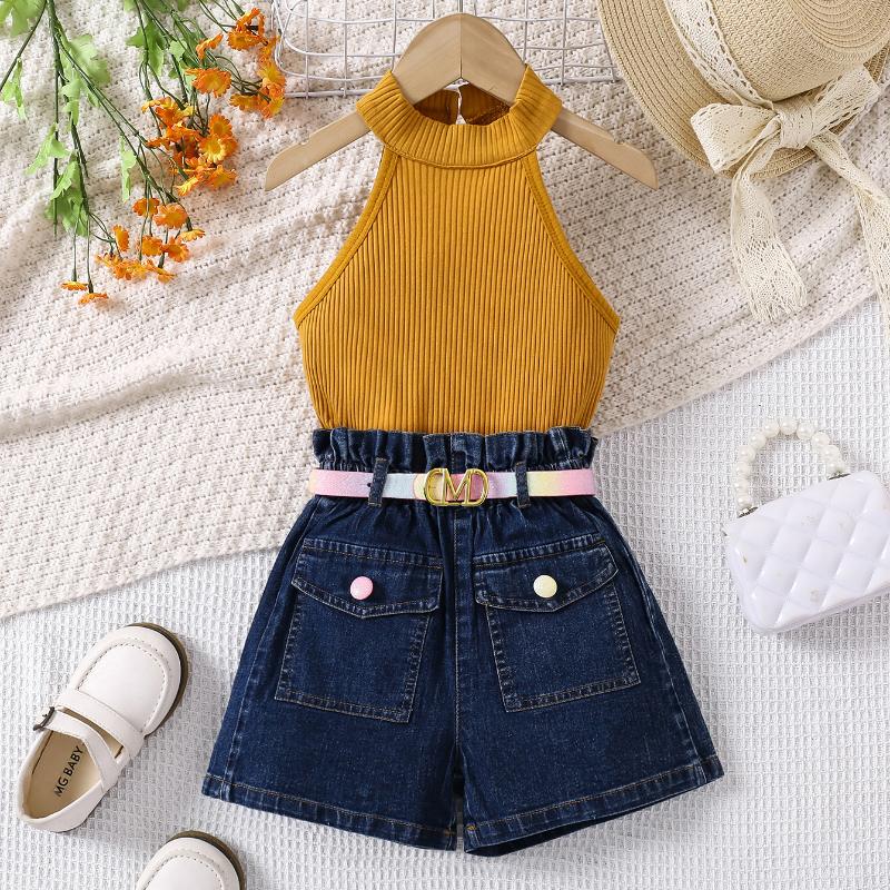 

Комплект одежды для девочек 2025 года, летние детские повседневные однотонные свитера без рукавов, джинсовые шорты с высокой талией и поясом 130cm оранжевый