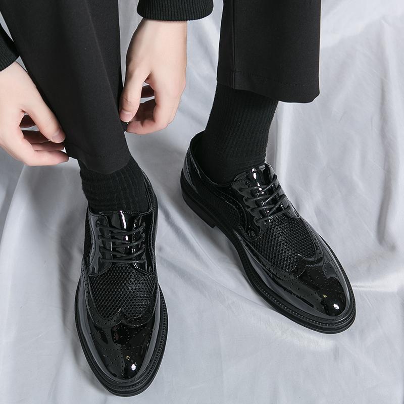 Elegant Men's Patent Leather Oxfords Shoes Pointed Toe Lace Up Formal Shoes for Wedding Business Party Flats Office Dress Shoes