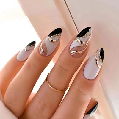 24pcs Nail Tips Manicure Press On Nails Diy False Nails Long Almond Foil Wavy Leaf French