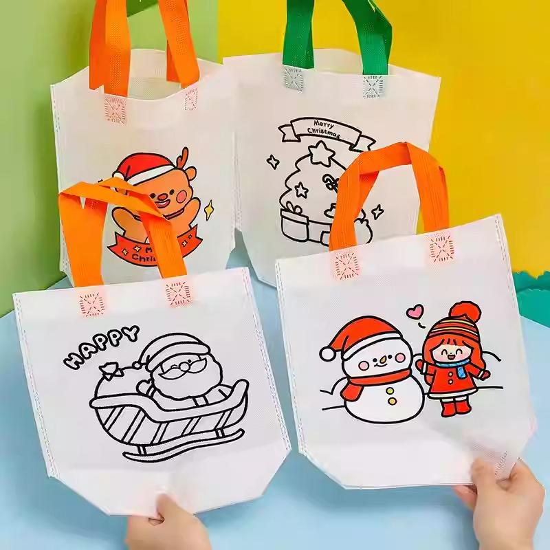 10-40PCS Kids Christmas Diy Painting Tote Bag Cartoon Coloring Reusable Craft Gift Bag Holiday Party Supplies Home Decoration