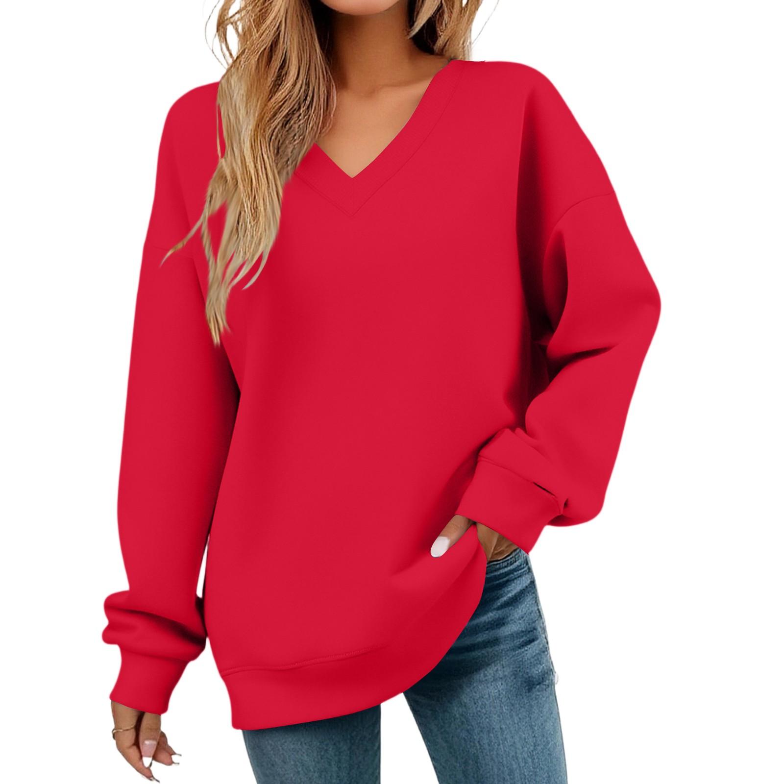 

Women s Casual Fashion V-neck Long-sleeved Sweatshirt L червоний