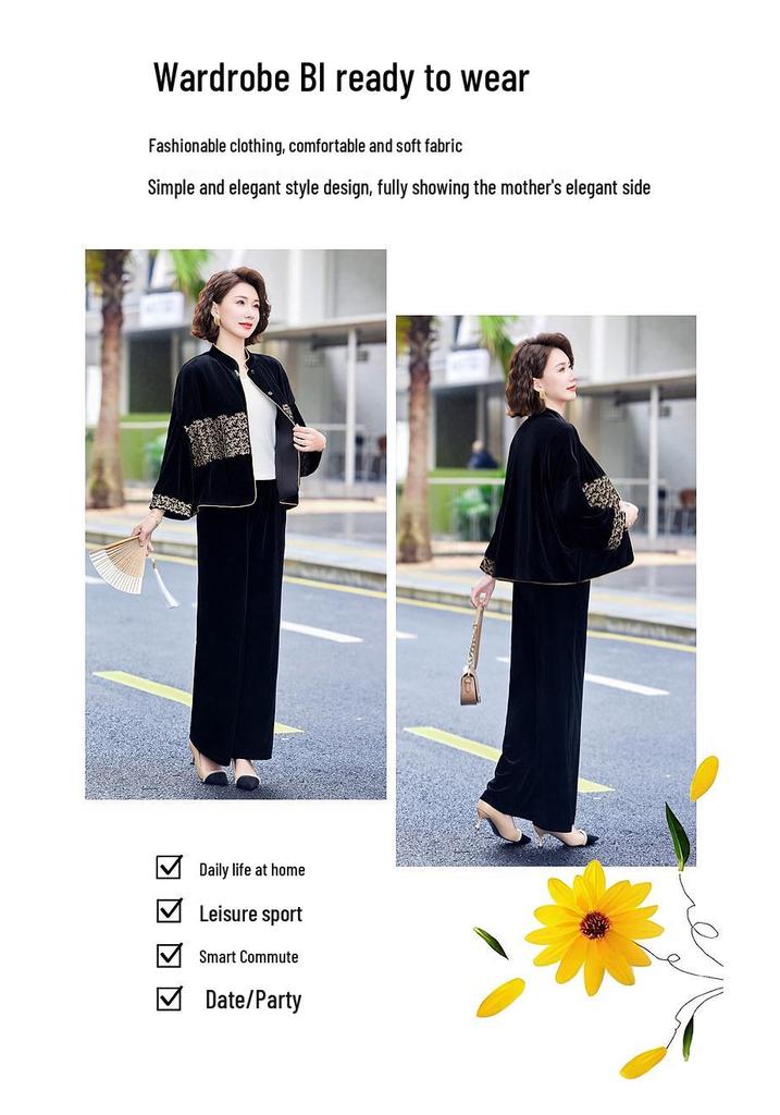 Spring Collection: Embroidered Velvet Two-Piece Suit for Mothers - Jacket & Elastic Waist Pants
