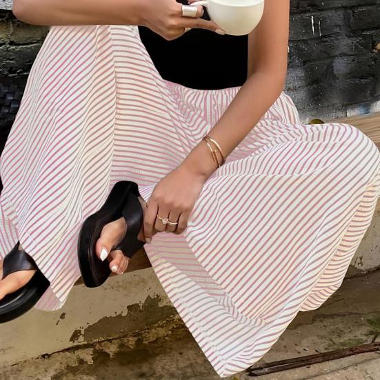 Women Pants with Pockets, Casual Wide Leg Trousers with Elastic Waist, Loose Fit Striped Print Pants for Everyday Wear