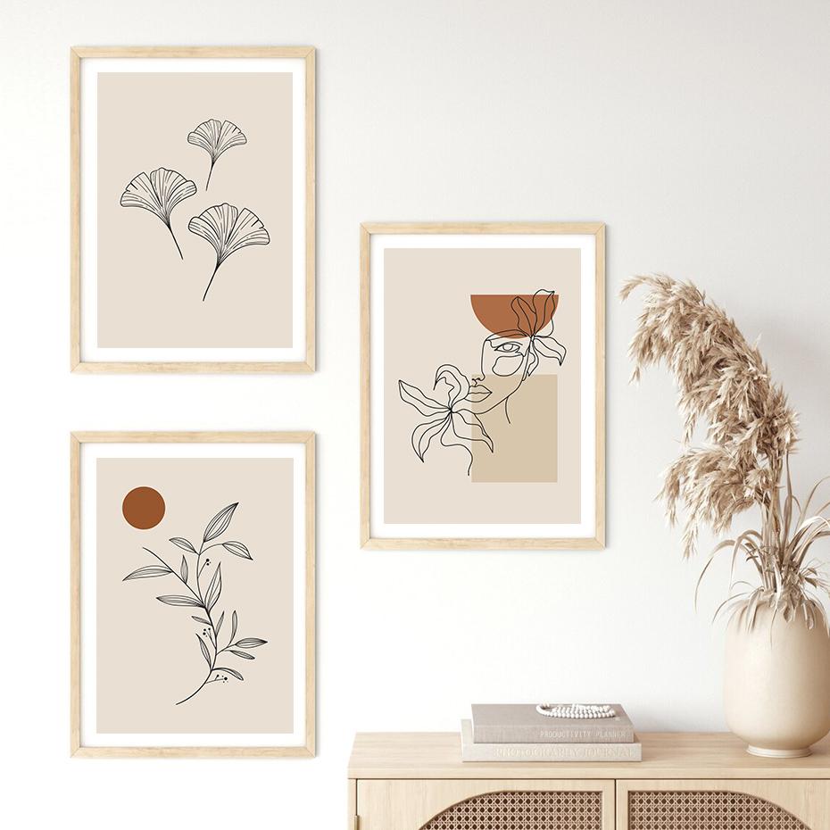 Abstract Geometric Leaves Face Line Boho Wall Art Posters Canvas Painting Print Pictures Modern Living Room Interior Home Decor