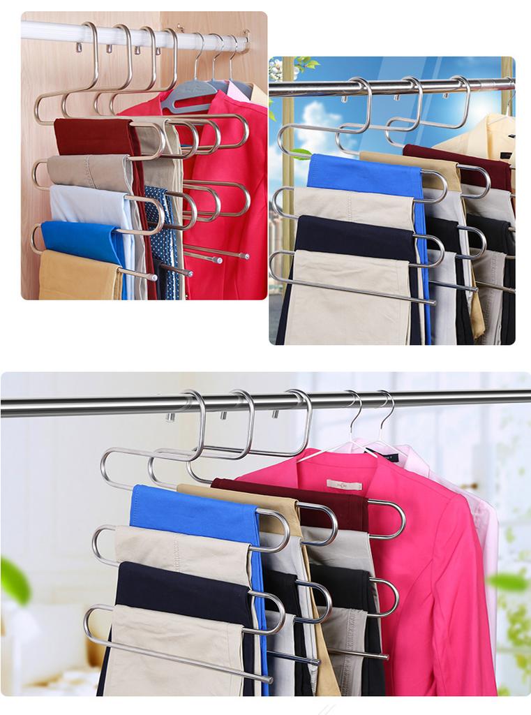 Stainless Steel S-shaped Hanger, Multifunctional Drying Pants Hanger for Household Use, Five Layer Non Slip Storage Pants Rack