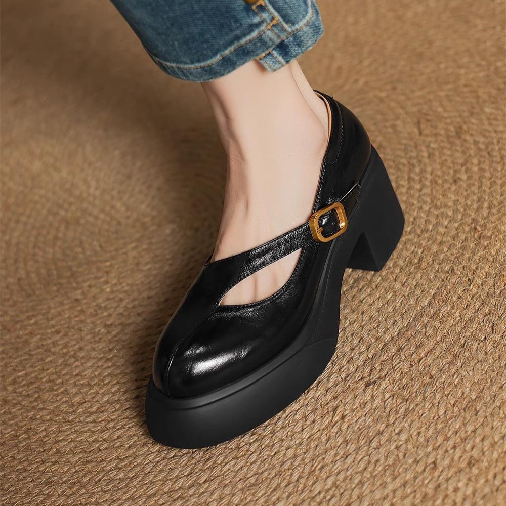 Platform High Heels Woman Shoes Marie Janes Women's Sandals 2025 Summer Shallow Chunky Shoes Soft Leather Elegant Dress Pumps