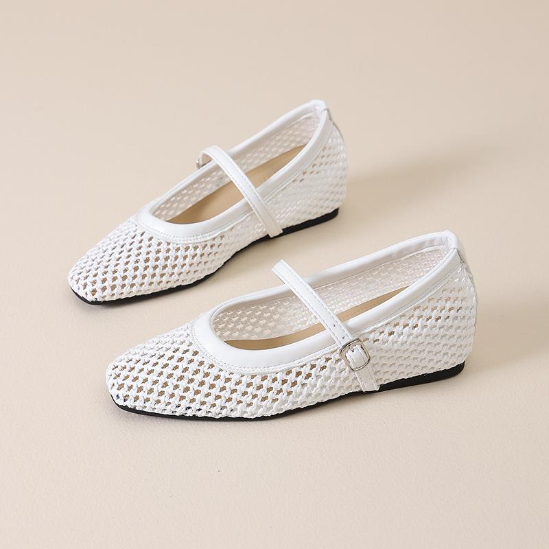 French Flat Bottom Inner Height Increase Mary Jane Shoes Women's Summer 2025 New One-word Belt Hollow Woven Single Shoes