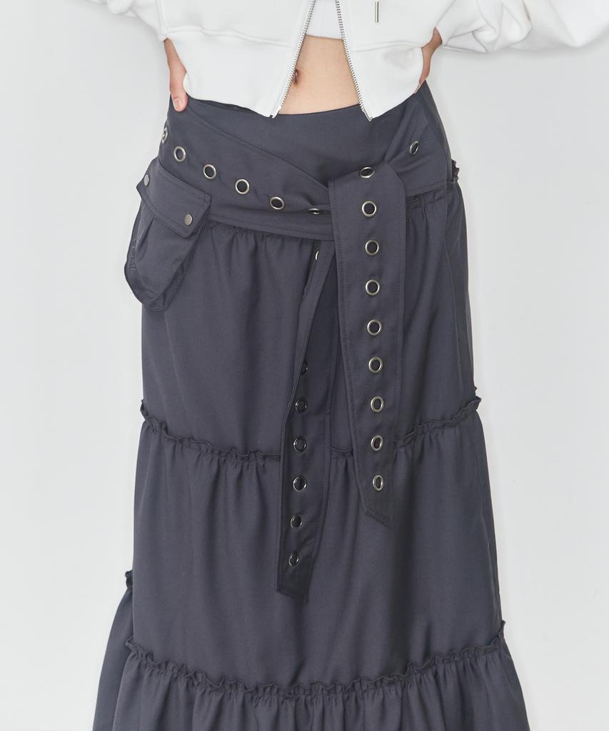 Aejeuyua Pocket Frill Long Skirt Charcoal