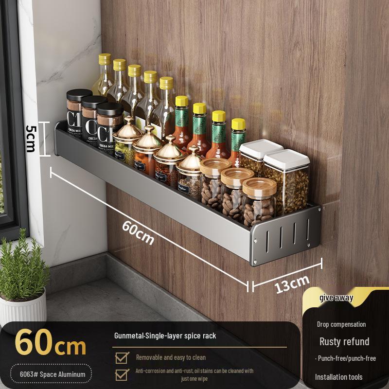Wall-Mounted Kitchen Storage Rack, Punch-Free, Gun Gray, Knife Holder & Multi-Functional Seasoning Organizer.