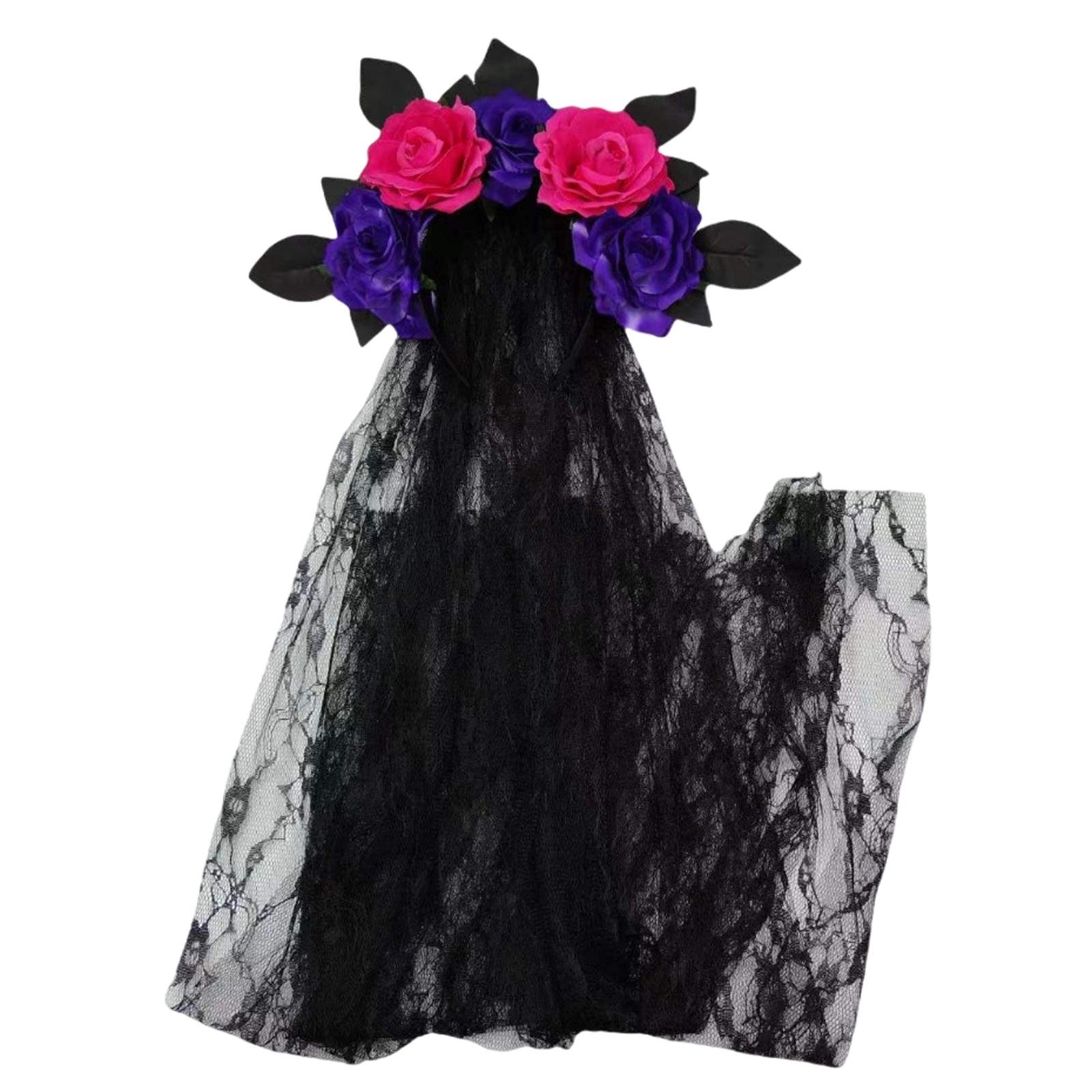 

Halloween Gothic Flower Garland With Black Veils Hairband Cosplay Wedding Headpiece Costume Headwear Accessory One Size
