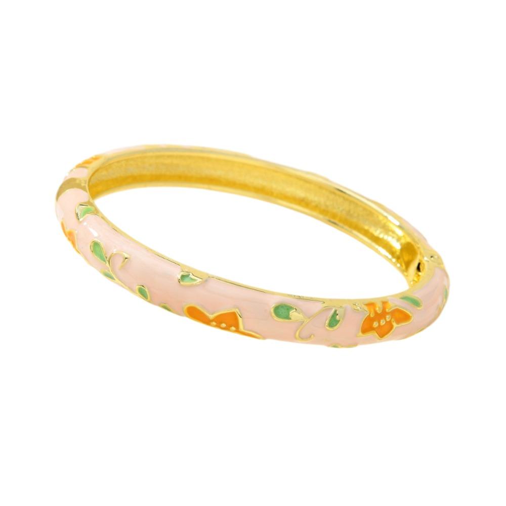 Enamel Floral Chinese Flower Bangle Peony with Leaf Women's Hand Bracelet Girls