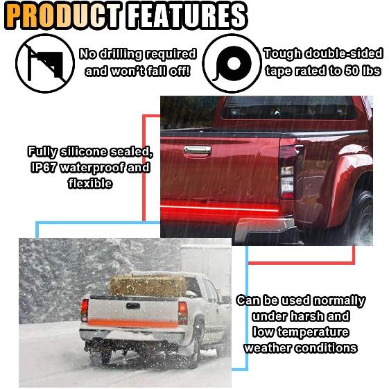 59" LED Tailgate Light Bar, IP67 Triple Row LED Tail Strip, Amber Turning Signals Lights Red Brake Running White Reverse Lights With Connector Wire,