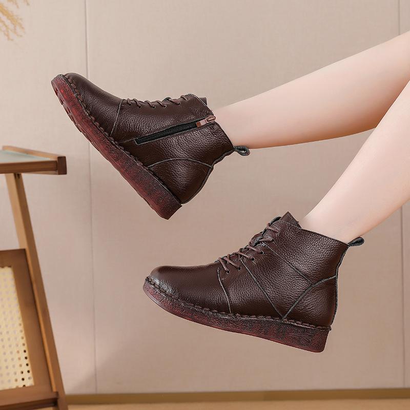 Fashion New winter plush ankle boots woman laced oxford shoes for women winter warm real cow leather booties ladies flat heel short boot