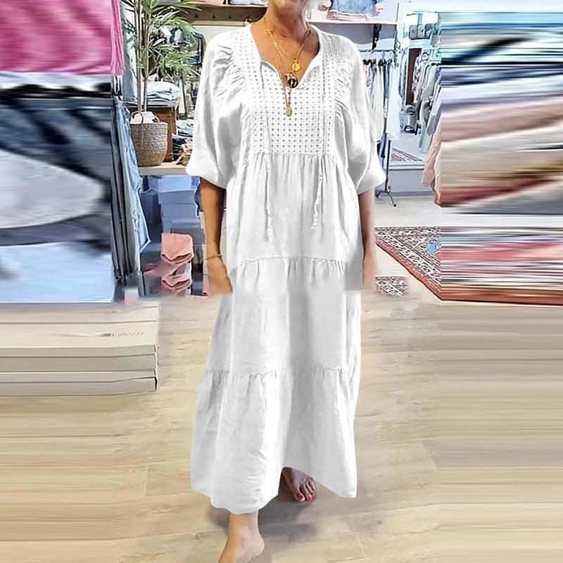 IHUASU Fashion Summer Spring Solid Color Print Short Sleeve V-Neck  Casual Dresses