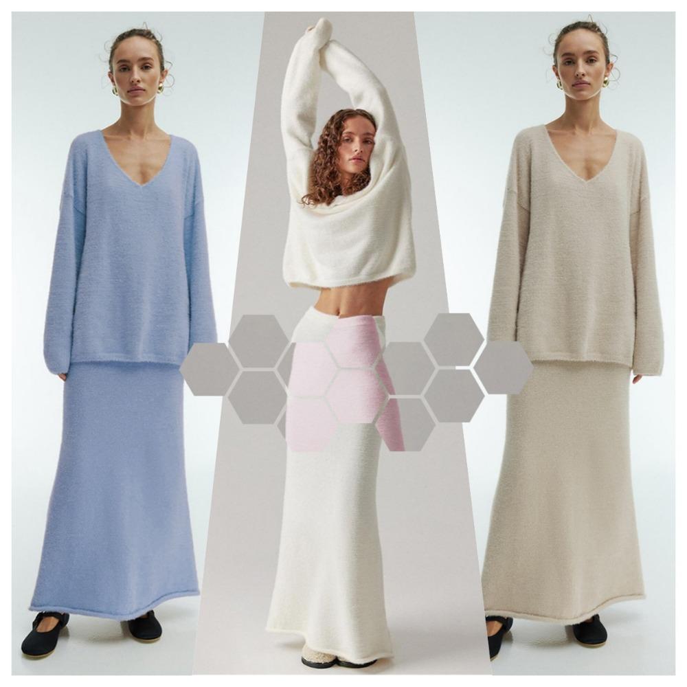 Dámský podzimní a zimní jednoduchý pletený svetr s výstřihem do V a sukní do poloviny těla