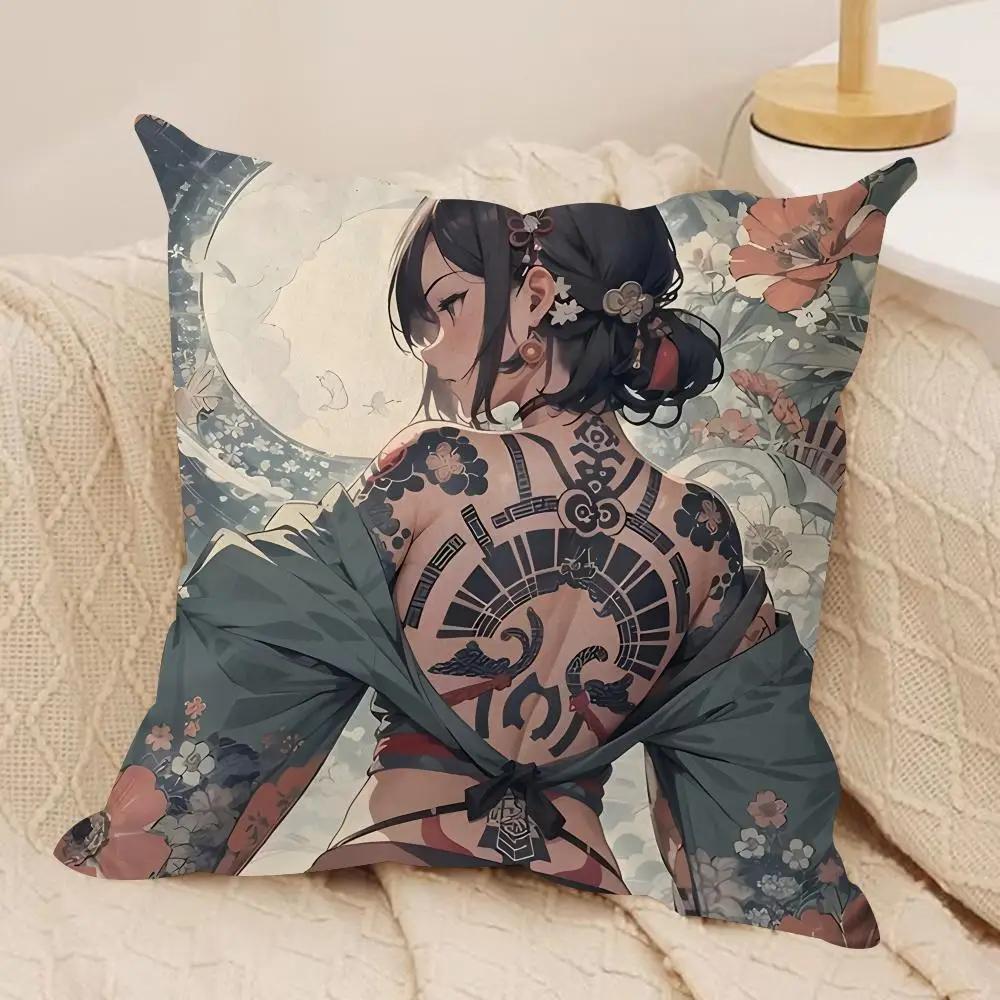 Girl Tattoos Japan Cushion Cover Silky Short Plush Invisible Zipper Dustproof Sofa Pillow Case For Home Decor