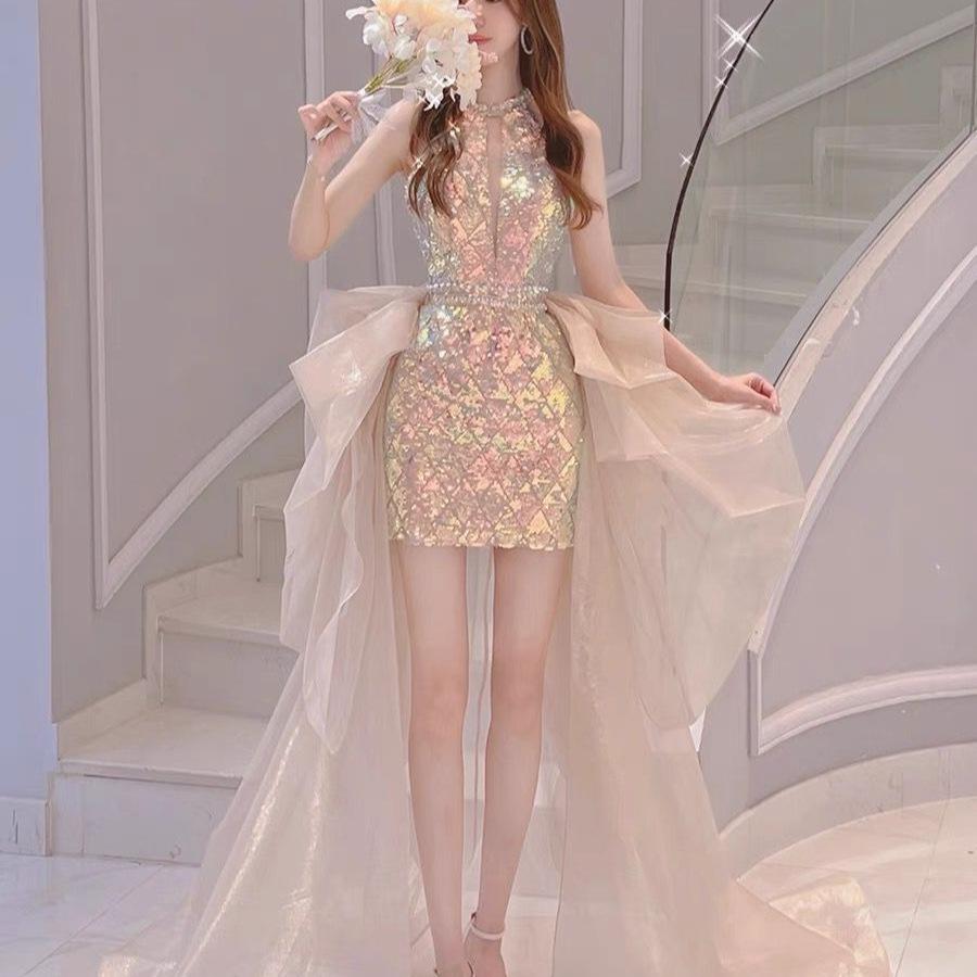 1011 new front short rear long catwalk dress pink wedding toast dress banquet performance dress engagement wedding dress