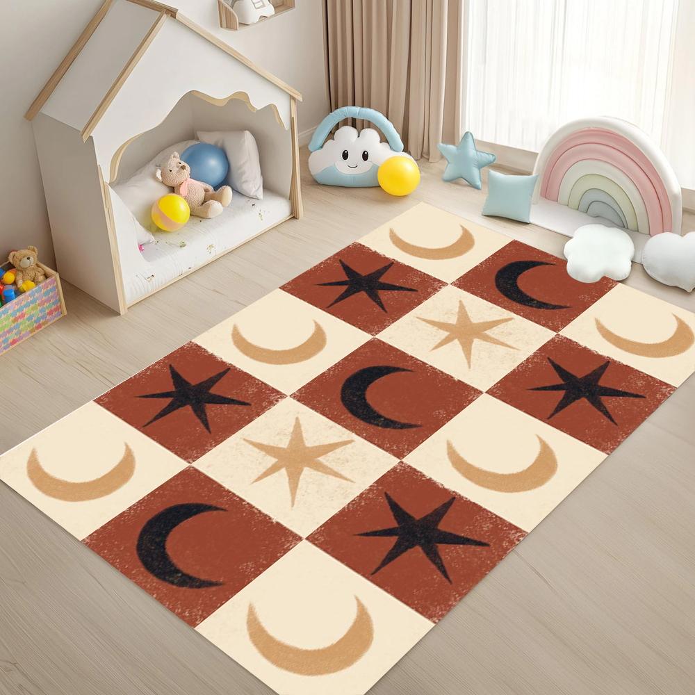 Vintage Moon and Star Checkerboard Pattern Carpet Mat Rug Retro Game Style Soft Floor Mat for Kids Room Bedroom Home Decoration