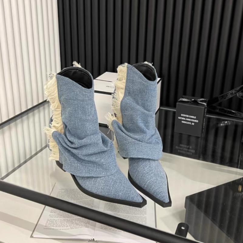 New Women's Shoes Square Heel Pointed Fashion Women's Boots Sleeve Denim Medium Heeled Women's BootsBotas De Mujer