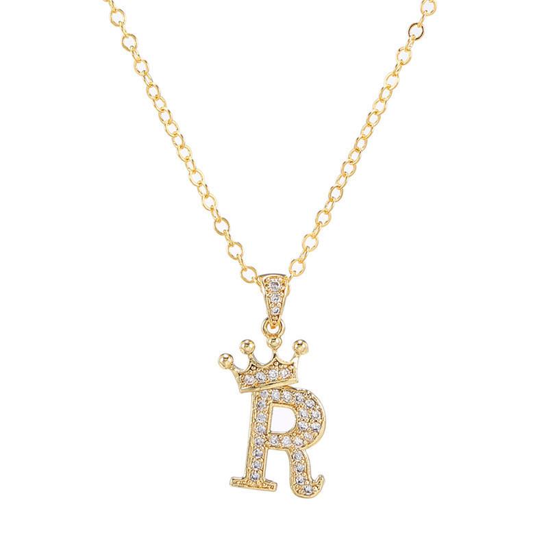 Fashion Cubic Zirconia Crown Letter Pendant Necklace Gold Hip Hop Punk Alphabet Jewelry