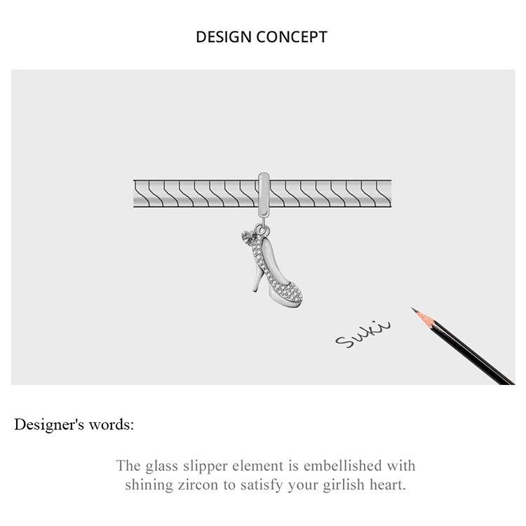 WOSTU Shiny Glass Slipper 925 Sterling Silver Heels Pink Heart Zircon Pendant Charm Fit Original Bracelet Jewelry