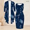 Women Plus Size Two Piece Set Printed Sleeveless Bodycon Dress And Three Quarter Sleeve Draped Cardigan