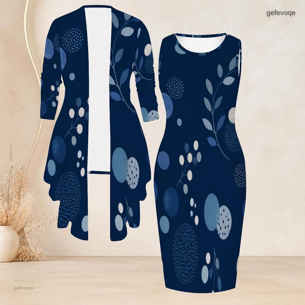 Women Plus Size Two Piece Set Printed Sleeveless Bodycon Dress And Three Quarter Sleeve Draped Cardigan
