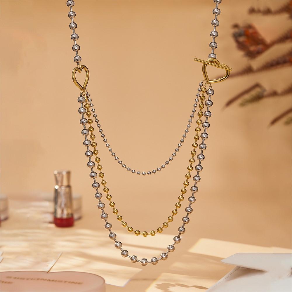 Two-tone Triple Layered Long Necklace In Stainless Steel 18k Gold Plated Beaded Sweater Chain Necklaces for Women