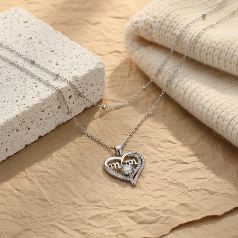 Double Layer Heart Pendant Necklace Women Tone Alloy With Cubic Zirconia Stacking Style Mom Jewelry