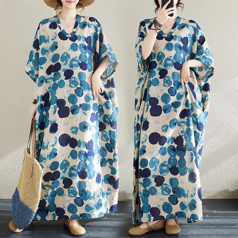 DIMANAF 2024 Plus Size Summer Dress Beach Women V-Neck Maxi Floral Print Holiday Soft Dot Blue Linen Loose Dresses