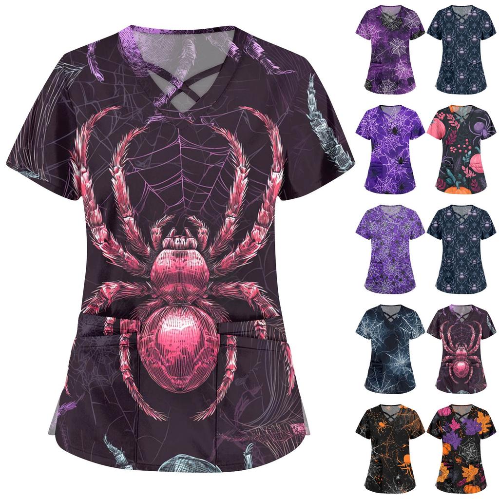 Women's Fashion Cross V Neck Short Sleeve Overalls Double Pockets Halloween Printed Tops Uniforms