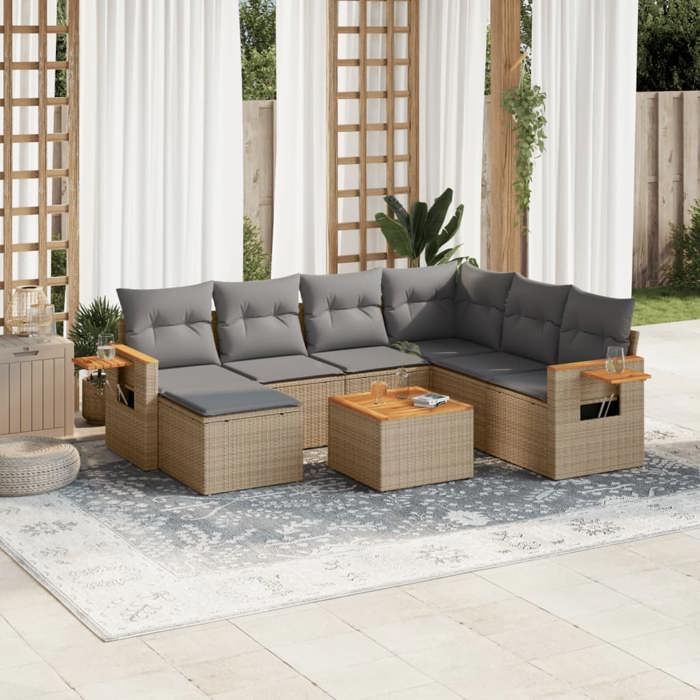 VidaXL Salon de Jardin avec Coussins 8 pcs, Canapés de Terrasse, Ensemble de Meubles de Patio, Mobilier d'Extérieur, Beige 3227053