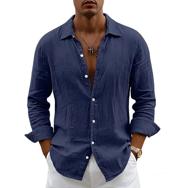 Men's Long Sleeve Cardigan Loose Casual Solid Button-Down Collar Shirt.