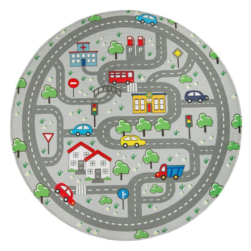 Circular Area Rug Creative Street Track Town Map Pattern Non Slip Washable Ground Blanket for Gaming Zone Living Room Decor