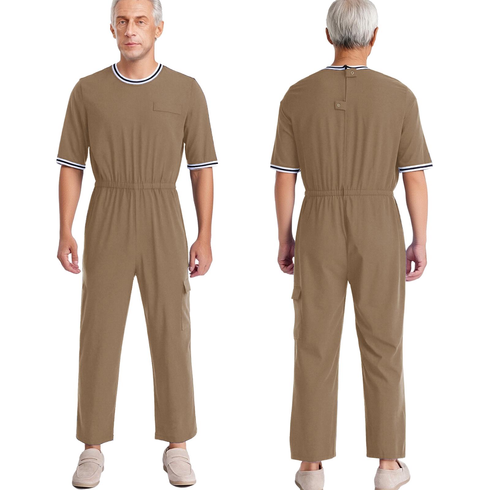 M-3XL Herren Alzheimer Adaptive Strampler Rundhalsausschnitt Halbe Ärmel Elastische Taille Hinten Unsichtbarer Reißverschluss mit Klappentasche für Altenpflege XL khaki