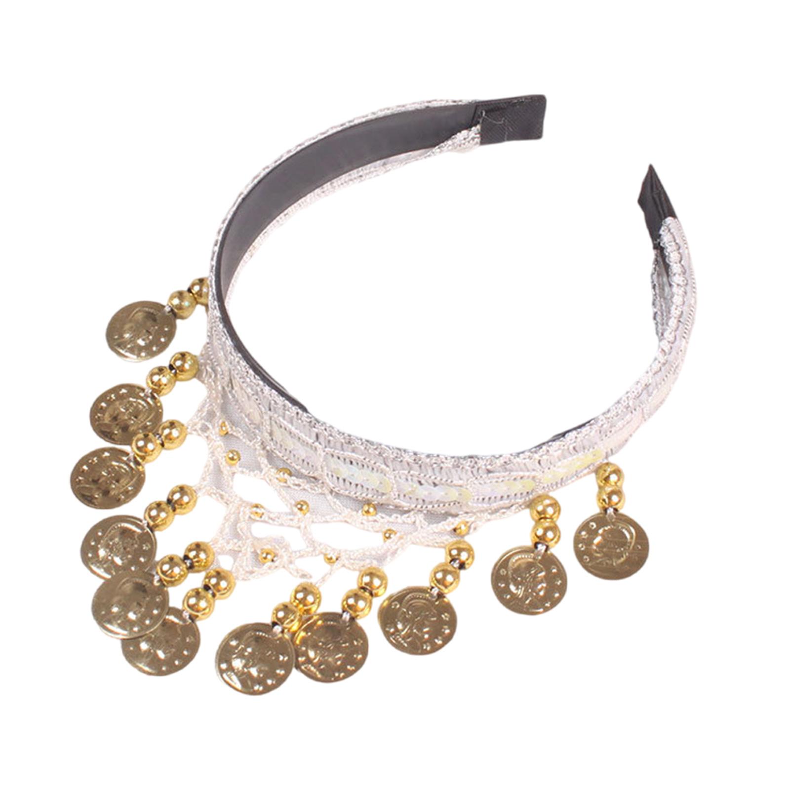 

Этнический головной убор для танца живота, элегантная повязка на голову с кисточками из золотых монет для сценических выступлений и культурных мероприятий белый