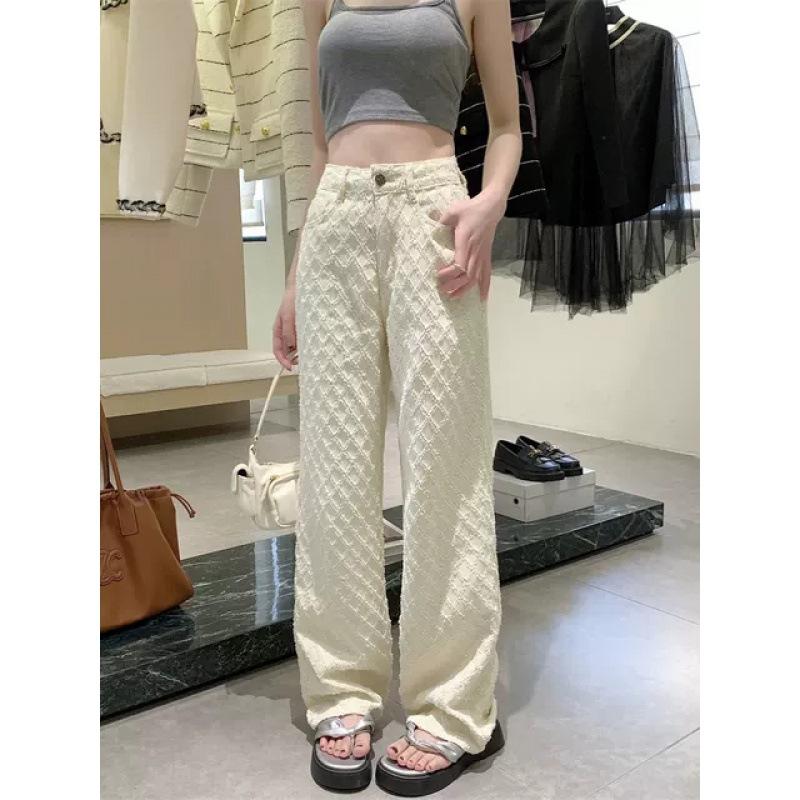 White High-Waist Diamond Lattice Crochet Jeans Women's Spring New Jacquard Design Wide-Leg Pants Trousers Pants