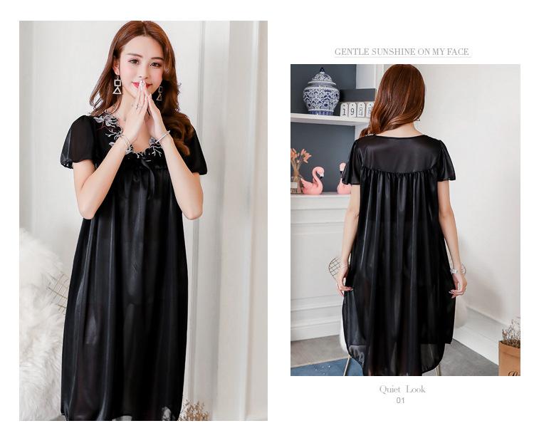 Plus Size Faux Silk Lace Nightgown: Women's Short Sleeve, Wide Hem, Loose Summer Pajamas