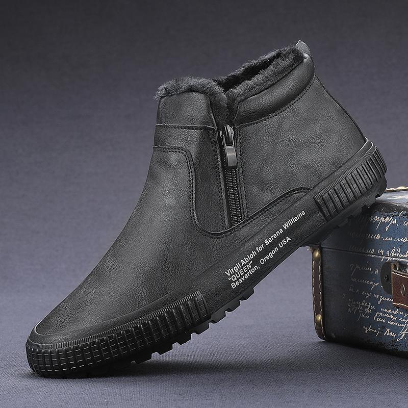 

Модные мужские зимние теплые кожаные ботинки, теплый плюш внутри, высокие, повседневная обувь, слипоны, сохраняют тепло, толстый мех, мужские ботильоны на платформе 41 чёрный