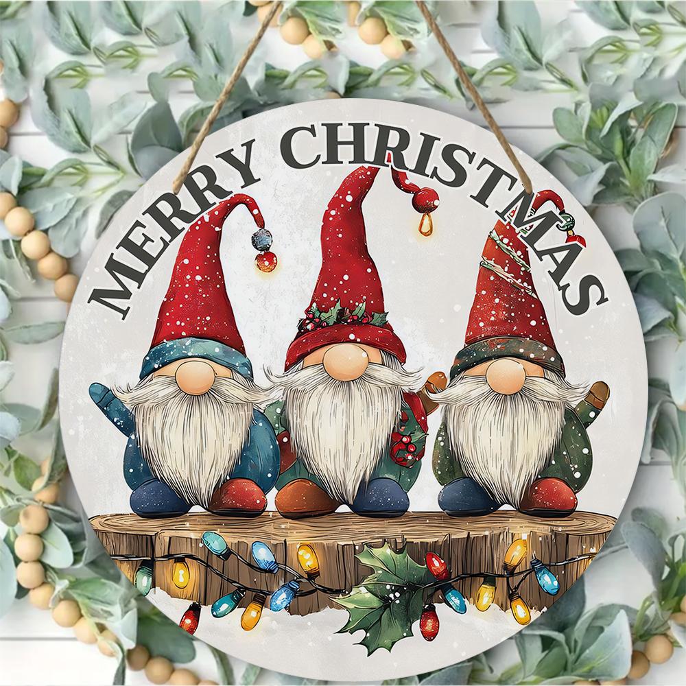 Vintage Nordic Gnome Patterned Round Wooden Hanging Plaque Indoor Outdoor Wall Decor Front Door Sign Festive Home Holiday Party Ornament
