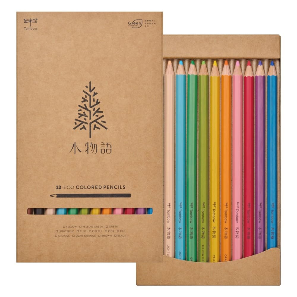 Цветные шестигранные карандаши Tombow с текстурой под дерево, 12 шт., серия  Ki Monogatari , Цвета, Корпус, Покрытие, Упаковка, CQ-KS12C