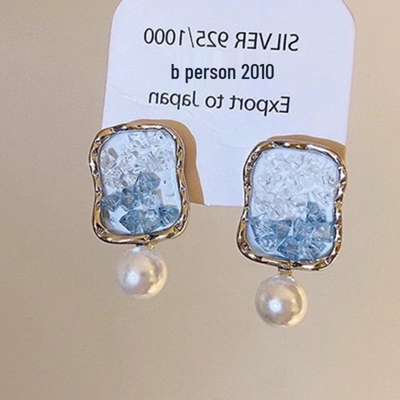 Silver Needle Butterfly Heart Earrings with Blue Gradient Drip - Elegant Autumn/Winter Studs
